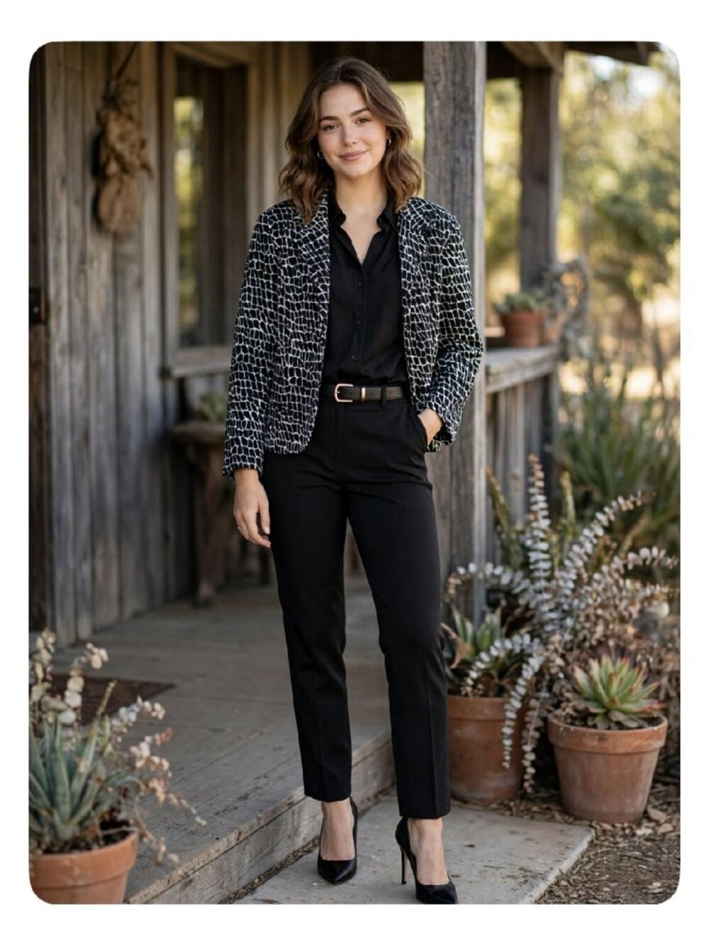 Studio Works Size M Women's Black & White Animal Print Jacket Button Down Short
